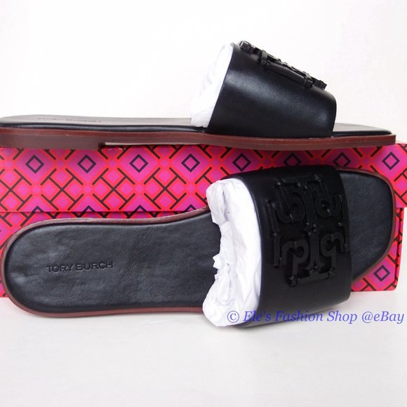 ❤️ NIB Tory Burch Ines Logo Slide Leather Sandal BLACK US 6.5 7.5 8.5 9 9.5 10 - Picture 9 of 14